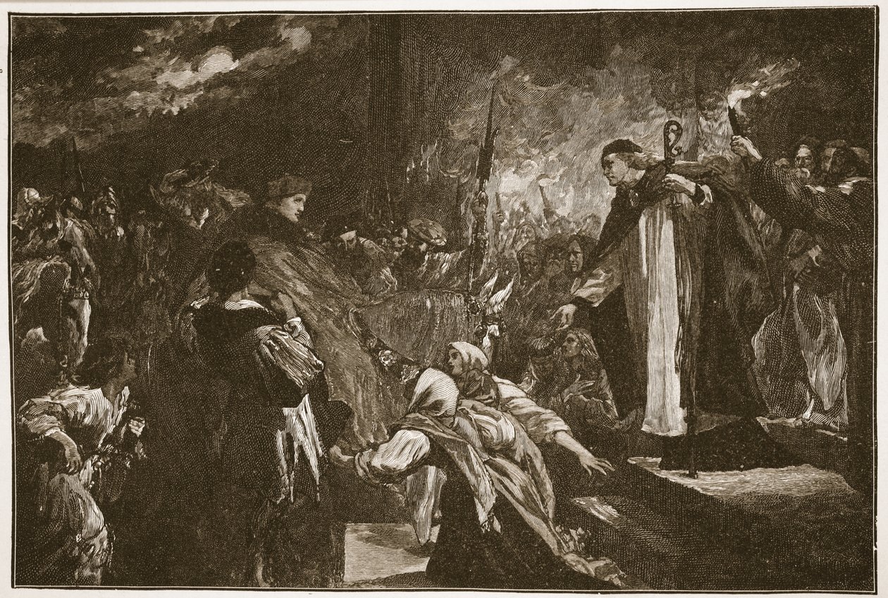 Wolsey cardinal na abadia de Leicester, ilustração "da igreja de Inglaterra: Uma história para os povos" por HDM Spence-Jones, bar. c.1910 (foto sépia) de John Gilbert