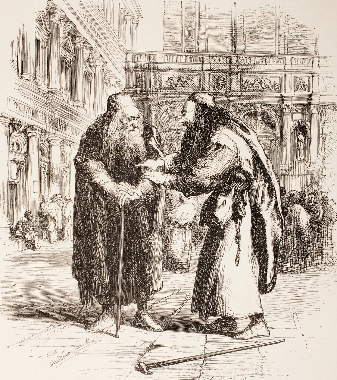 Ilustração para O Mercador de Veneza, Shylock e Tubal se encontram na rua, Ato III, Cena I, de &39;The Illustrated Library Shakespeare&39;, publicado em Londres, 1890 de John Gilbert