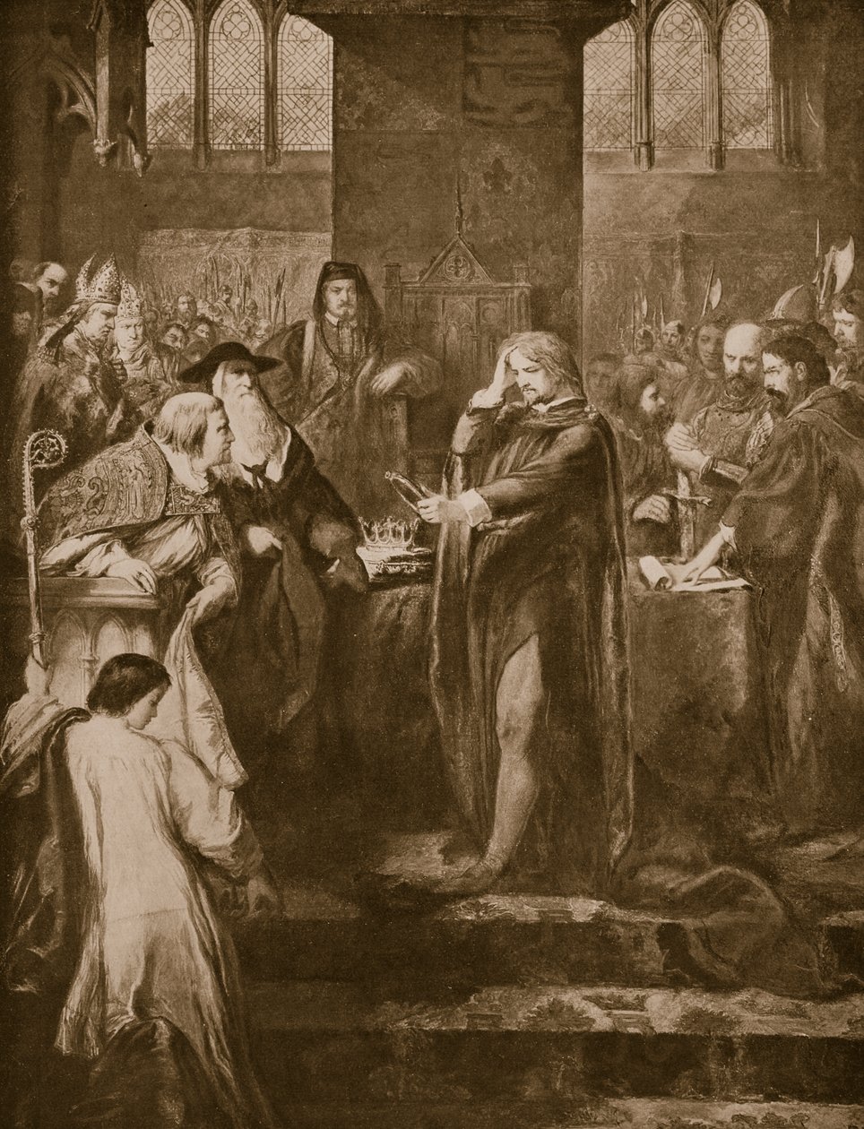 Rei Ricardo II renunciando a coroa a seu primo Bolingbroke, ilustração da "História da Nação Britânica" de Hutchinson, c.1920 de John Gilbert