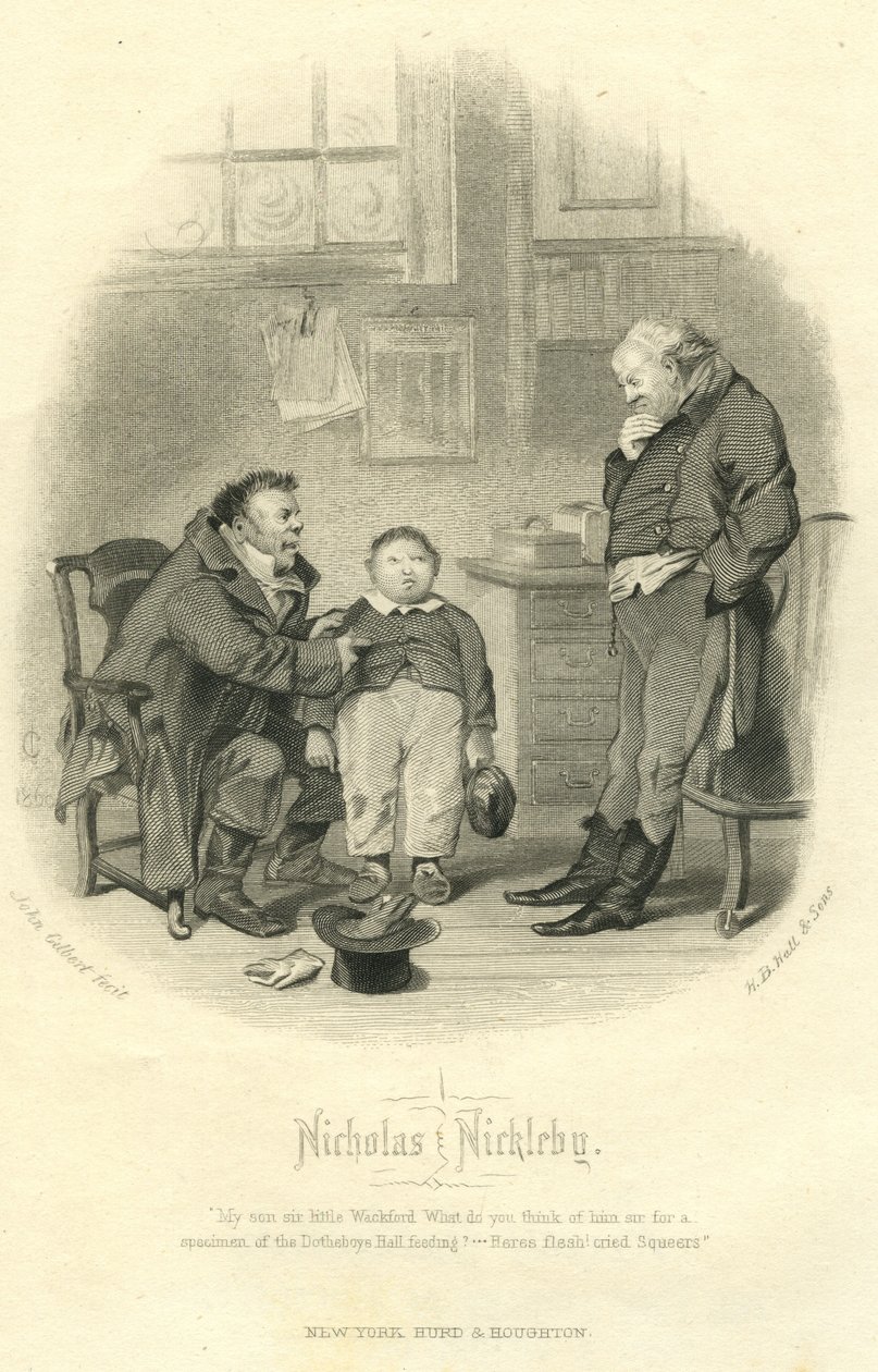 Nicholas Nickleby: Wackford Squeers e Young Wackford Squeers, gravados por HB Hall und Sons, 1867 de John Gilbert