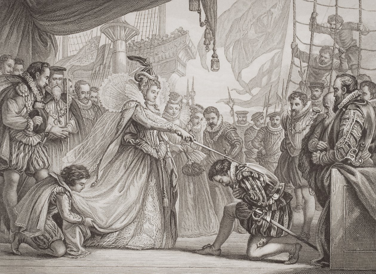Rainha Elizabeth I (1530-1603), cavaleiro Francis Drake (1540-96), de "Ilustrações da História Escocesa e Inglesa", Volume I de John Gilbert
