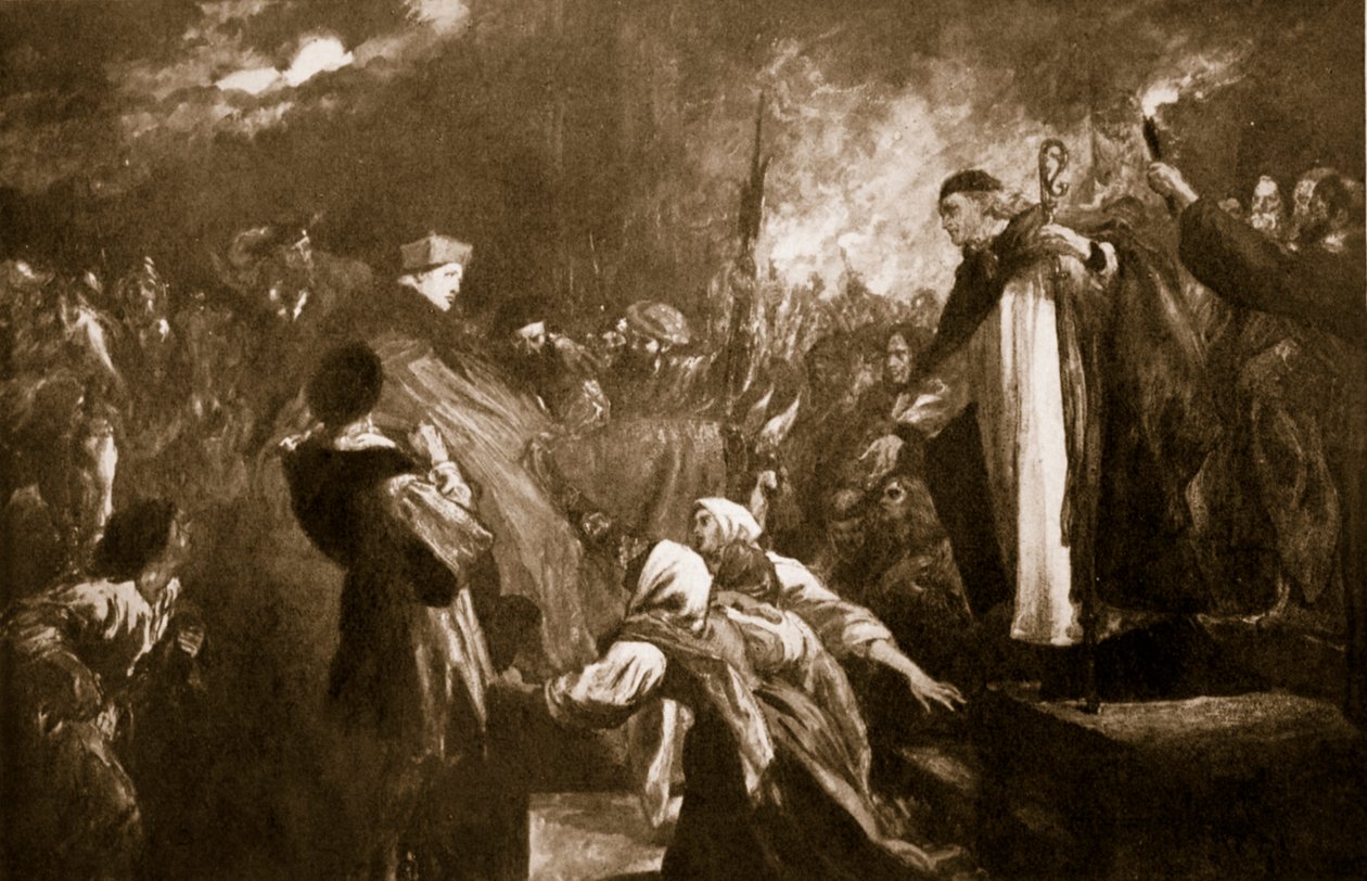 A chegada do Cardeal Wolsey na Abadia de Leicester, em 1530, ilustração da "História da Nação Britânica" de Hutchinson, c.1920 de John Gilbert