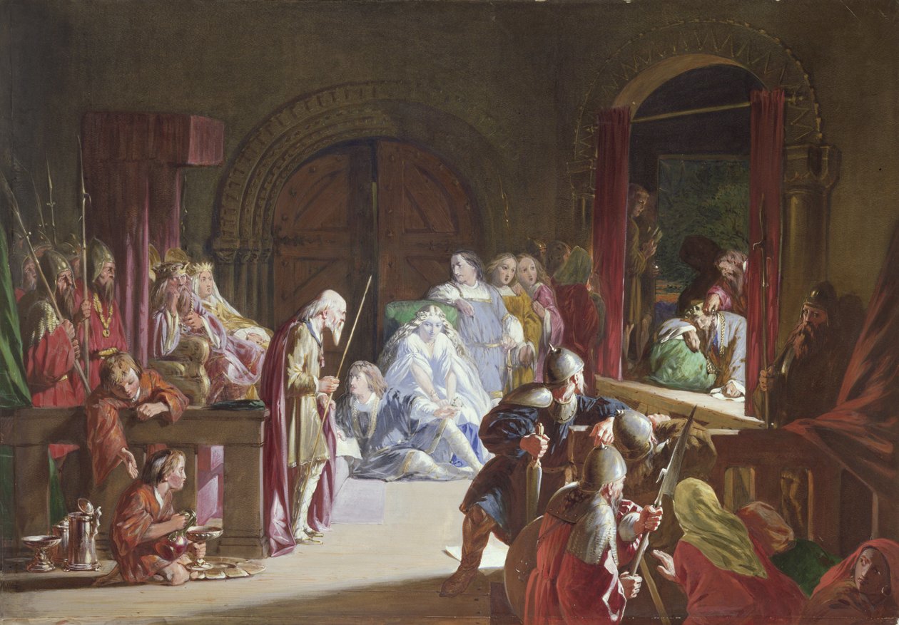 A reencenação da morte de Hamlets pai, Ato III, Cena 2 (wc e guache) de John Gilbert