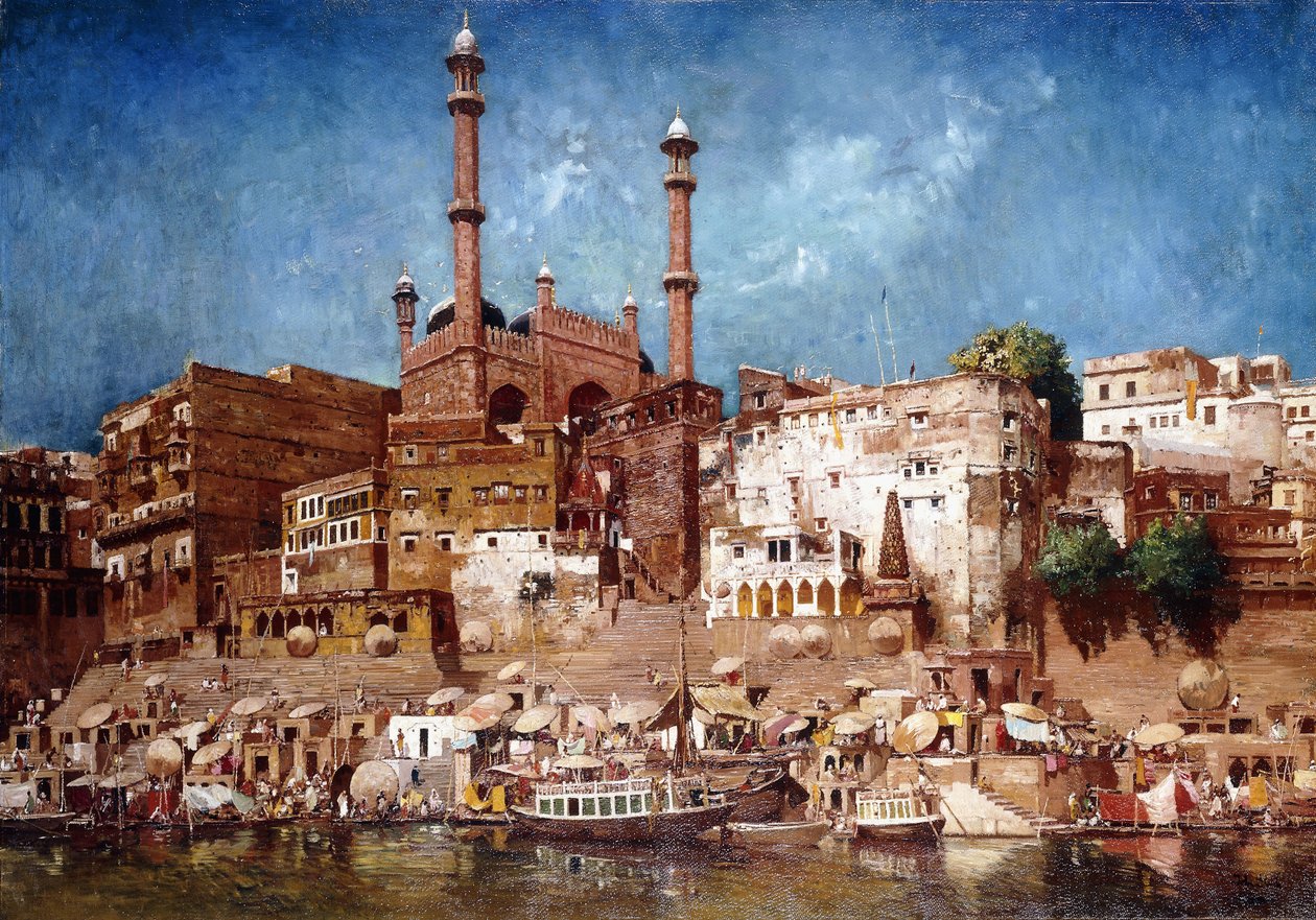 Uma vista dos Ghats com a mesquita de Aurangzeb, Benares de John Gleich