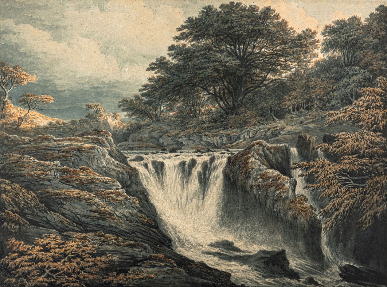 Uma cascata ao entardecer (aguarela) de John Glover