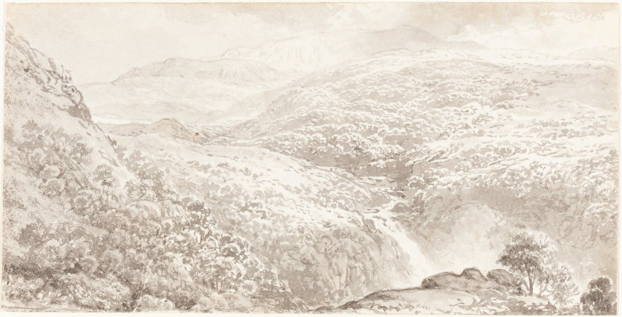 Um vale de montanha com uma cachoeira de John Glover
