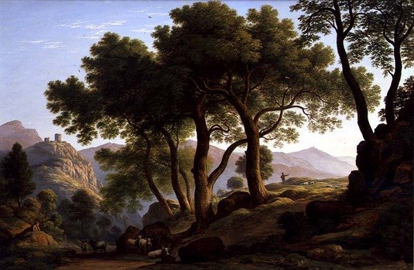 Uma paisagem arborizada romântica (óleo sobre tela) de John Glover