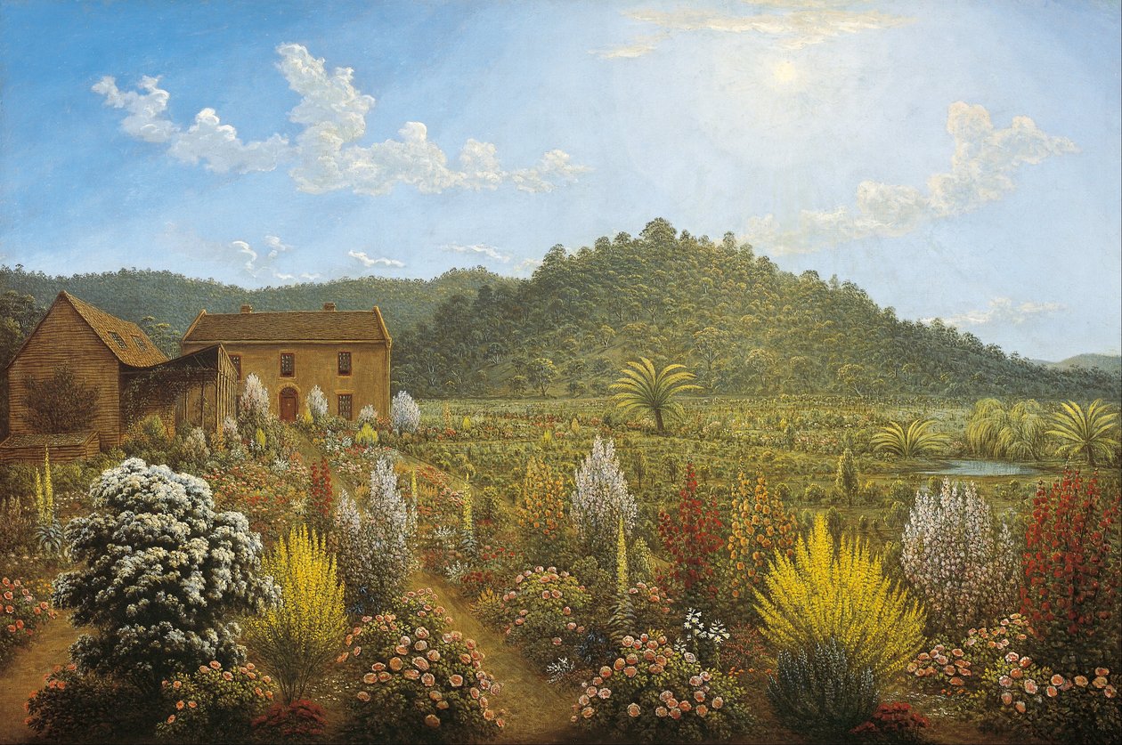 Uma vista da casa e do jardim do artista, em Mills Plains, Van Diemen&39;s Land de John Glover
