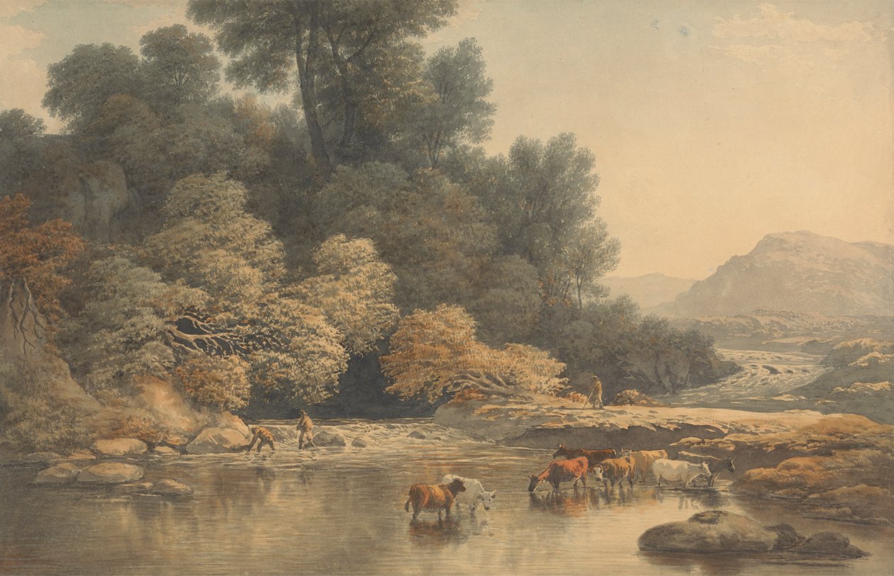 Paisagem montanhosa com rio e gado de John Glover
