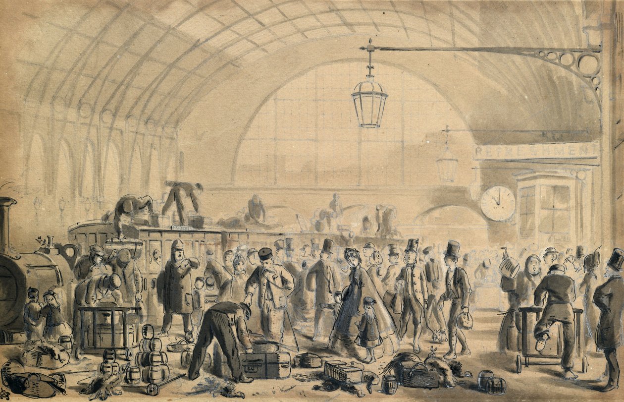 Véspera de Natal na estação de Kings Cross, c.1870-90 (caneta e lavagem sobre papel) de John Gordon Thomson