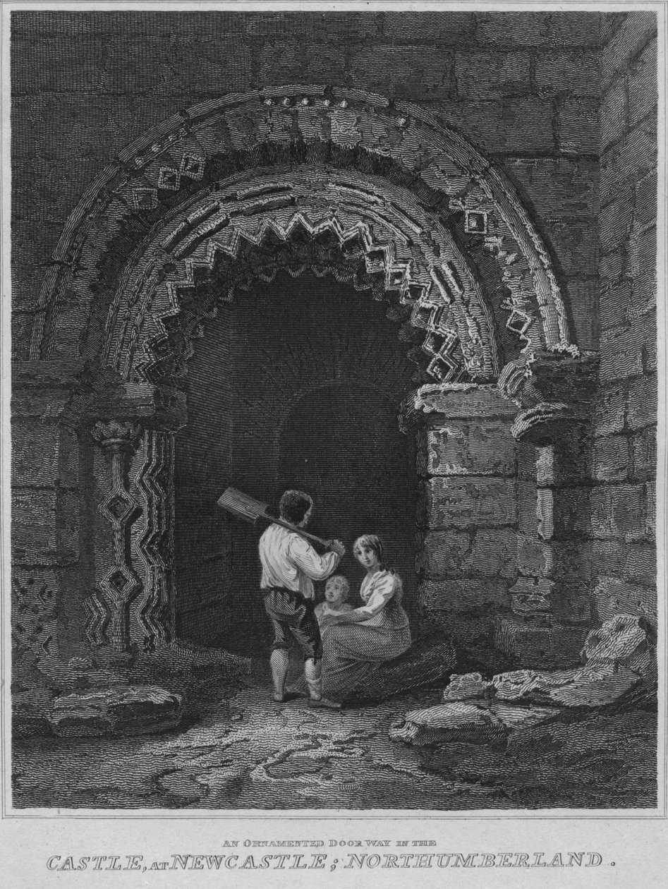 Um caminho de porta ornamentada no castelo, em Newcastle, Northumberland, 1814 de John Greig