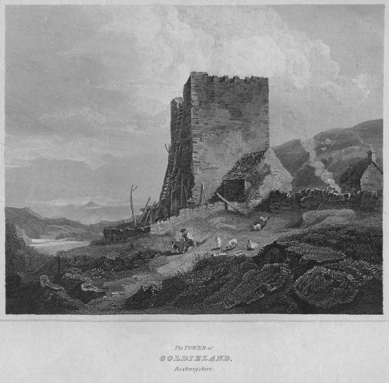 A torre de Goldieland, Roxburghshire, 1814 de John Greig
