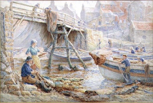 Remendo as Redes, Staithes (aquarela) de John H. Parkyn