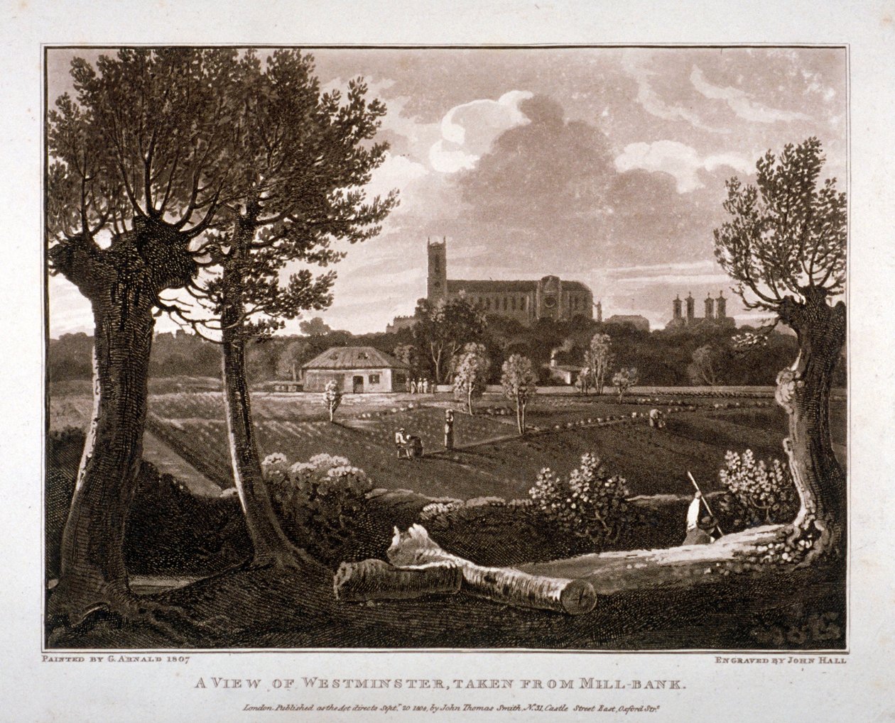 Vista de Westminster olhando de Millbank, Londres, 1807 de John Hall