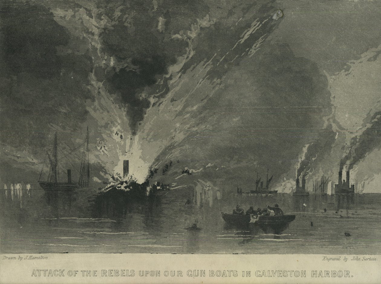 Ataque dos rebeldes em cima de nossos barcos de arma no porto de Galveston, c.1863 de John Hamilton