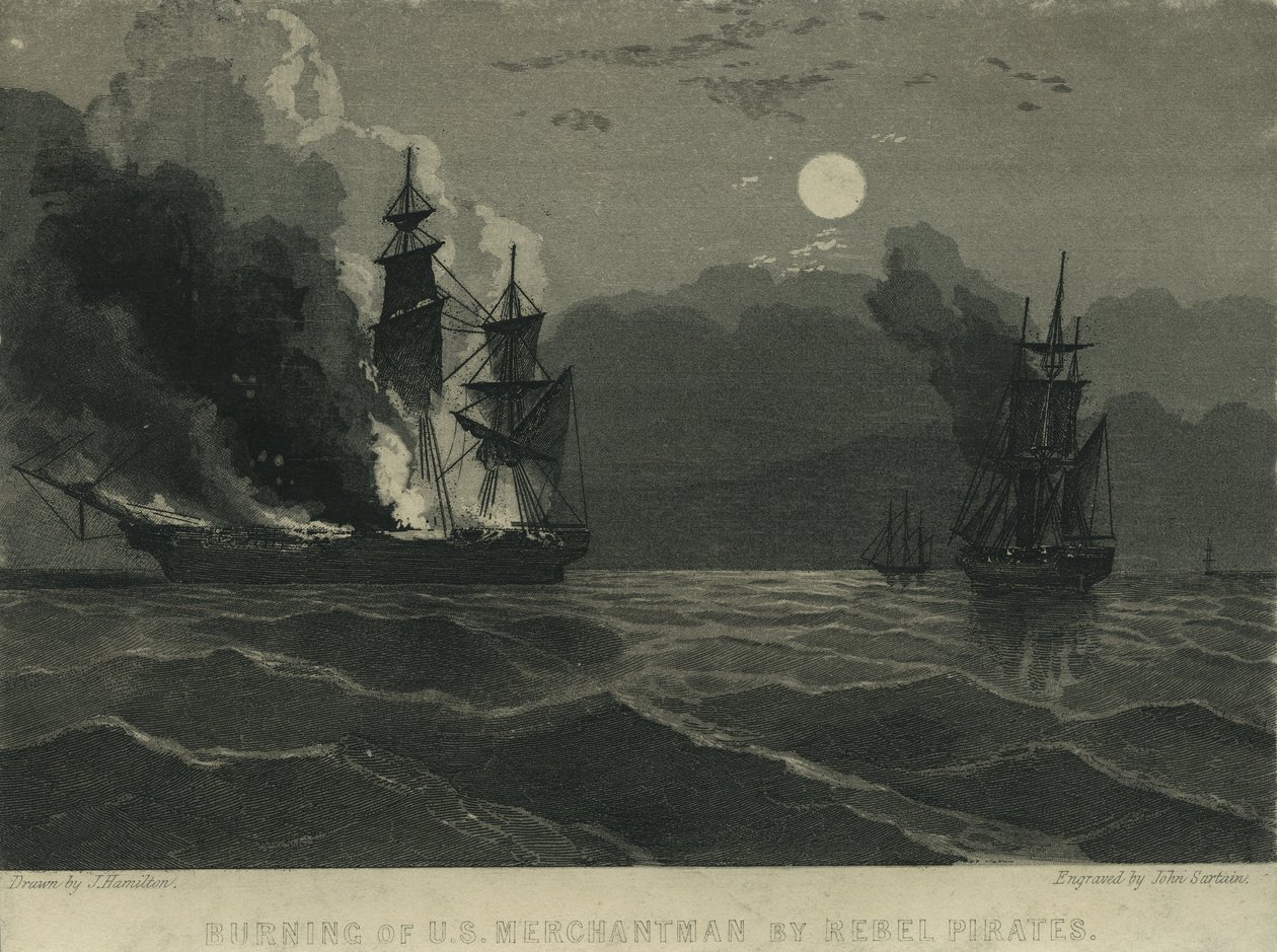 Queima de US Merchantman por Piratas Rebeldes, 1865 de John Hamilton