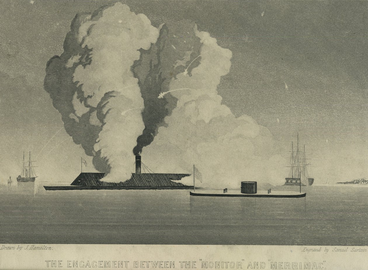 O engajamento entre o monitor e Merrimac, c.1863 de John Hamilton