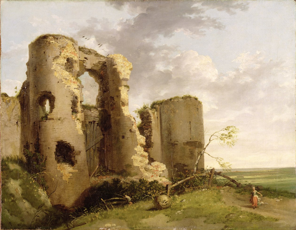 Vista do Portão Oeste do Castelo Pevensey, Sussex, c.1774 (óleo sobre tela) de John Hamilton Mortimer