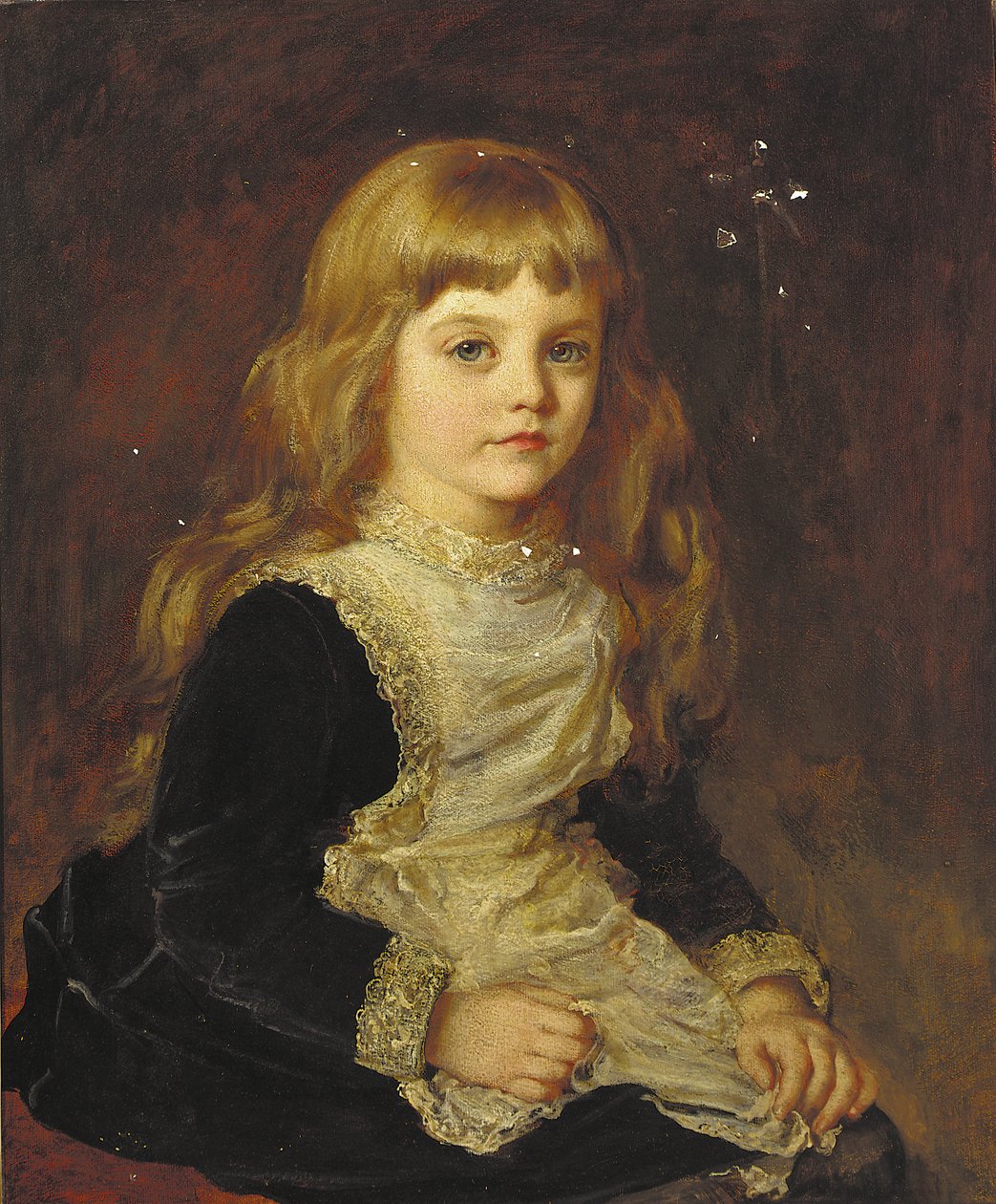 Retrato de Sophie Beatrix Mary Cadogan, sentada a três quartos do corpo, em um vestido preto com avental debruado de renda (óleo sobre tela) de John Hanson Walker