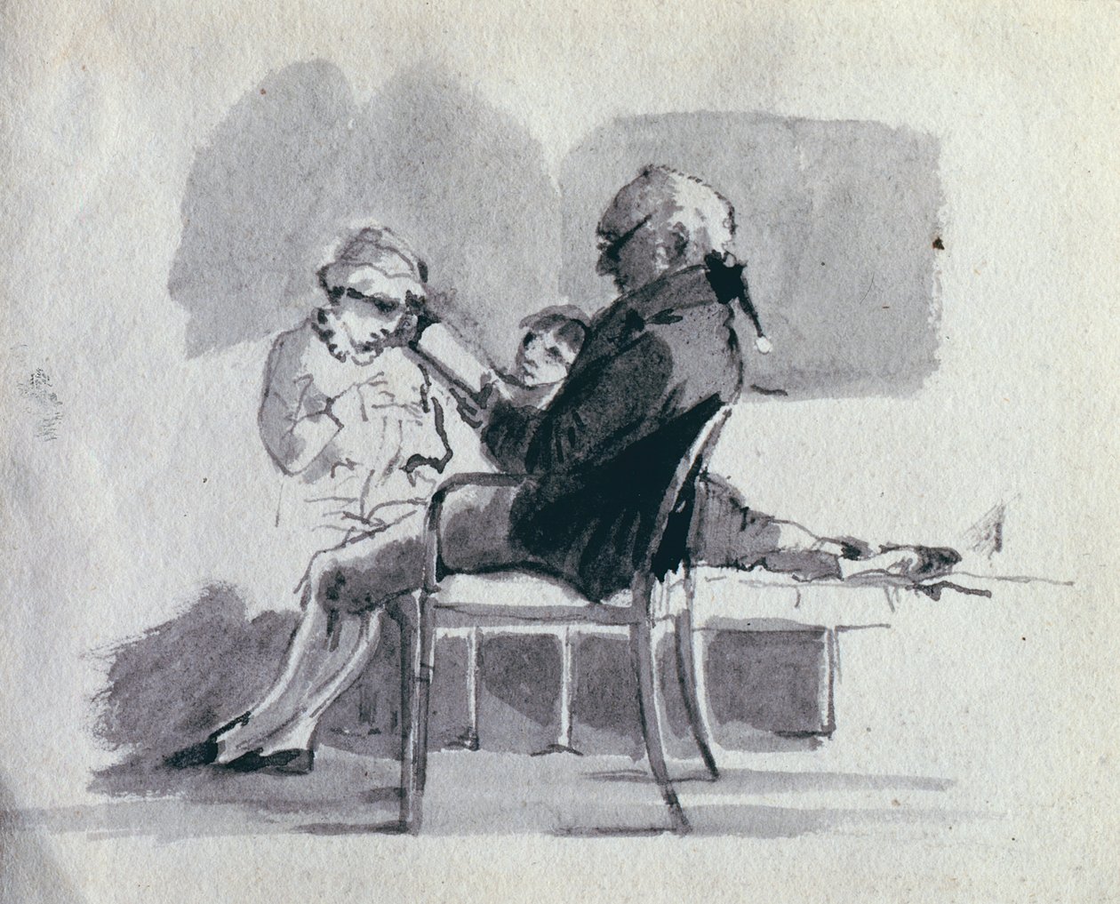 Um pai lendo para seus filhos (caneta e tinta no papel) de John Harden