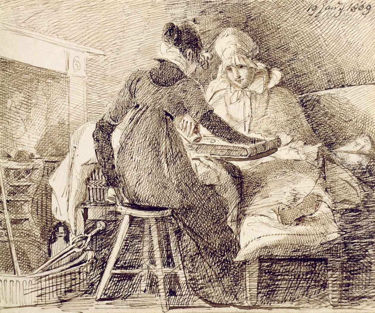 Um jogo de gamão, 19 de janeiro de 1809 (caneta e tinta no papel) de John Harden