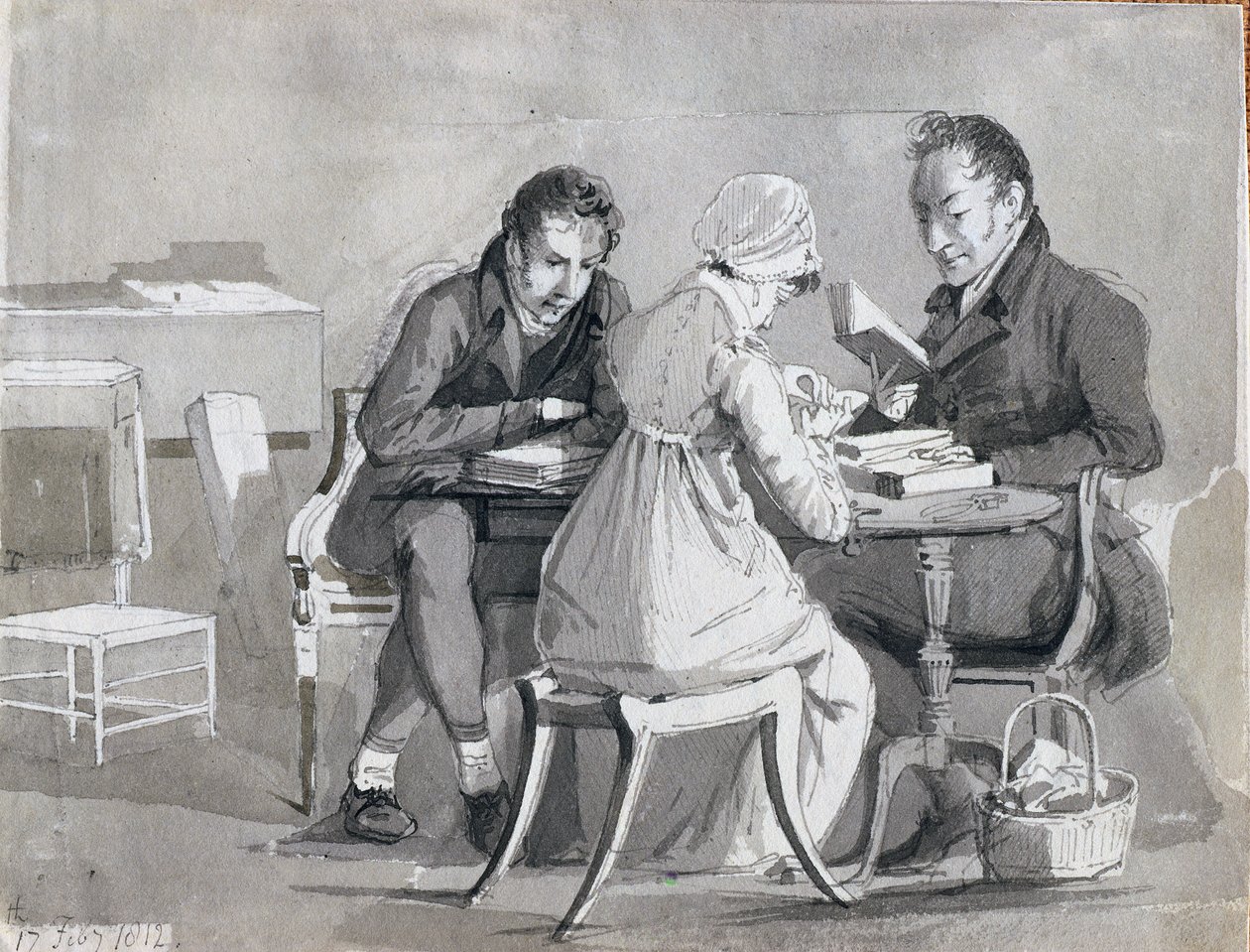 Uma noite de leitura, 17 de fevereiro de 1812 (caneta e tinta no papel) de John Harden