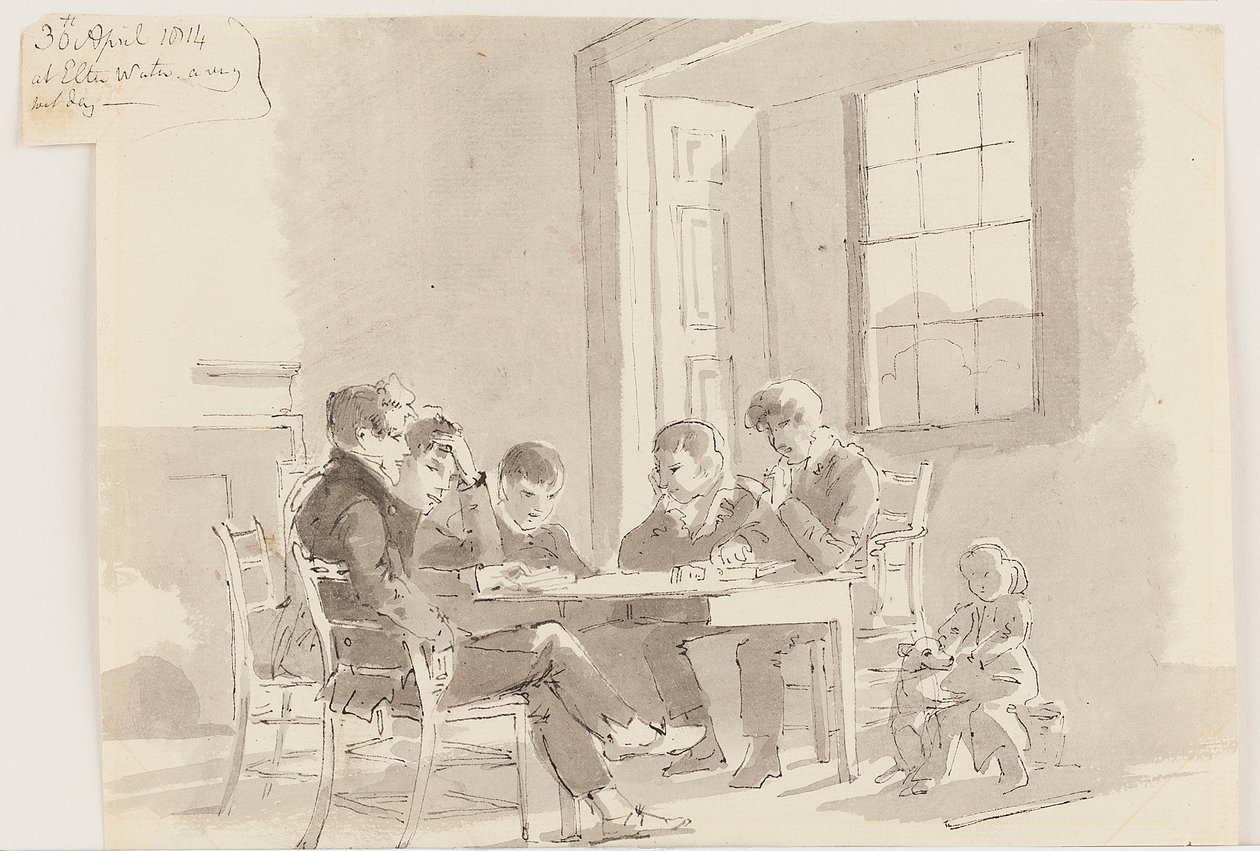 Meninos lendo em Storrs, Elterwater, 1814 (caneta e tinta com papel lavado) de John Harden