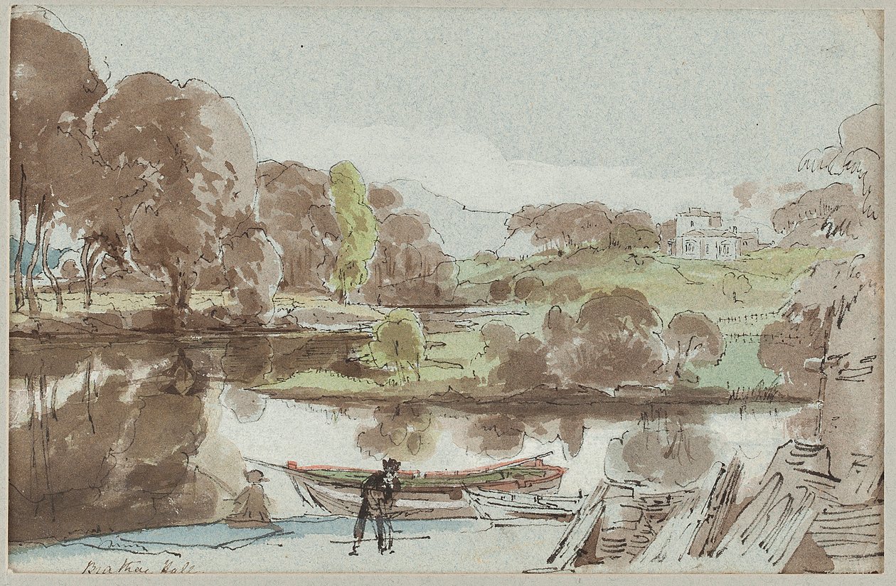 Brathay Hall do leste, Lake District, Cumbria, 1810 (wc no papel) de John Harden