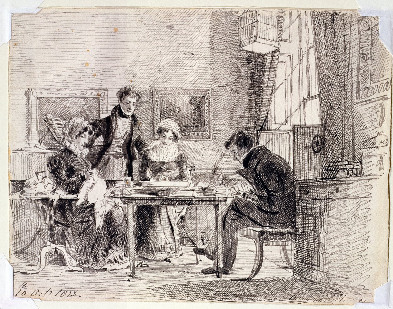 Grupo familiar de costura e leitura, 10 de outubro de 1823 (caneta e tinta sobre papel) de John Harden