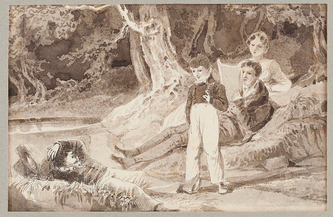 Quatro figuras entre as árvores em um dia quente, 1807 (wc no papel) de John Harden