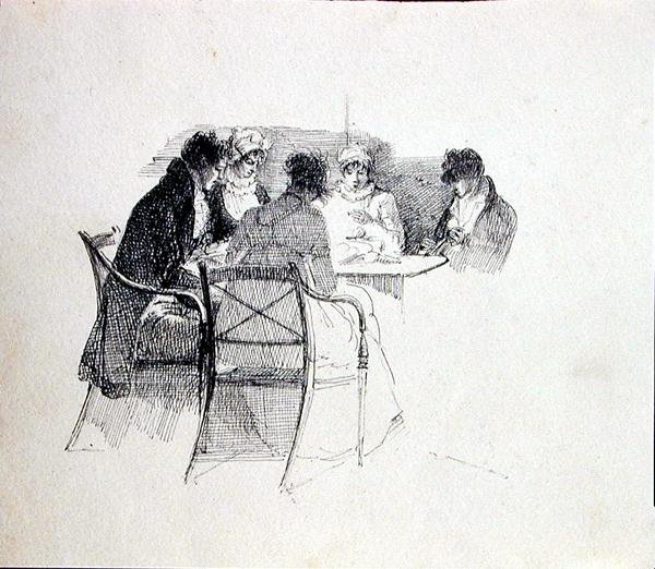 Grupo reunido em torno de uma mesa (caneta e tinta sobre papel) de John Harden
