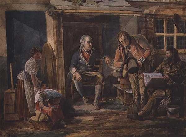 Grupo que inclui um soldado do lado de fora da porta de uma casa de campo (aguarela sobre papel) de John Harden