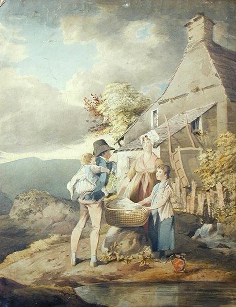 Grupo fora de uma lavandaria (aguarela sobre papel) de John Harden