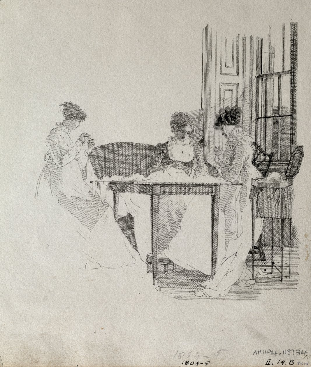 Senhoras Costura, 1805 (caneta e tinta no papel) de John Harden