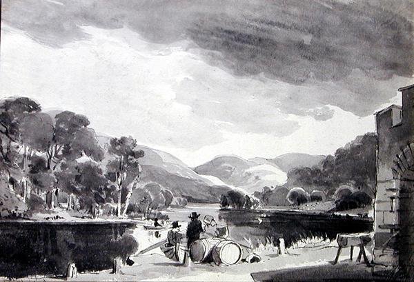 Paisagem com lago (caneta e tinta e lavagem em papel) de John Harden