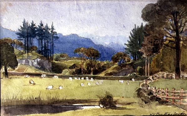 Langdale da Costa Norte de Windermere (aguarela sobre papel) de John Harden