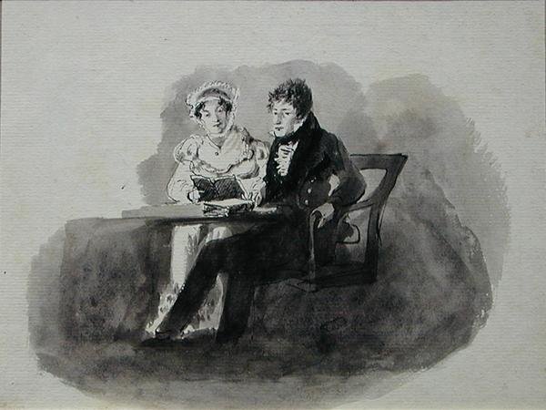 Leitura de homem e mulher (caneta e lavagem de tinta em papel) de John Harden