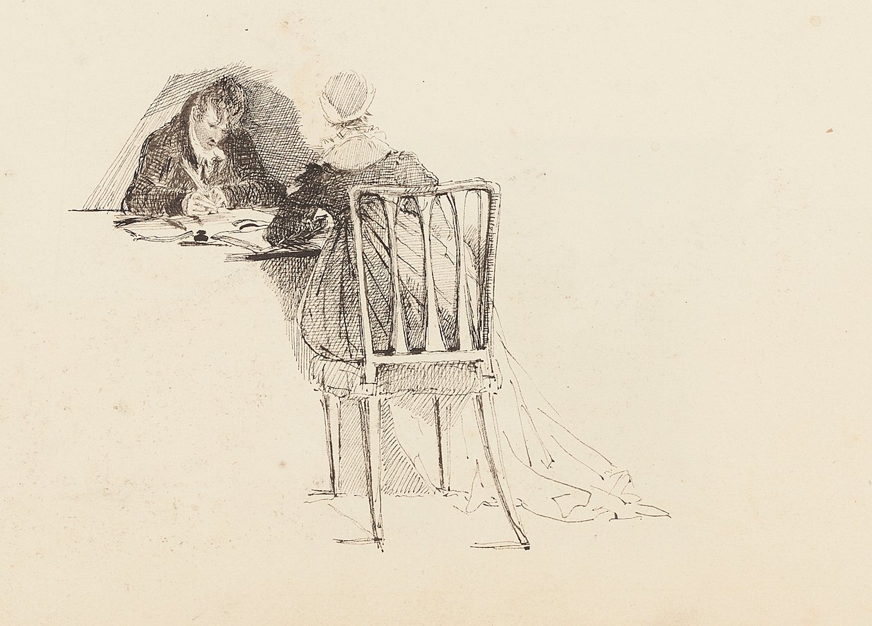 Homem mulher, sentando, em, um, tabela, 1805 de John Harden