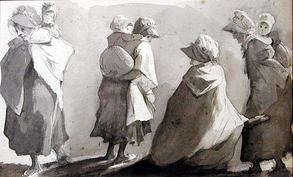 Mães carregando seus filhos (caneta e tinta lavada sobre papel) de John Harden
