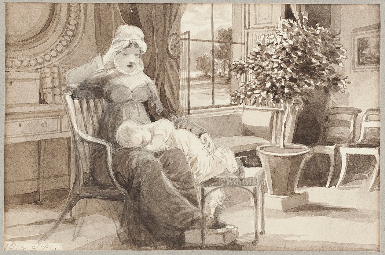 Sra. H com o bebê John William, 1814 (wc no papel) de John Harden