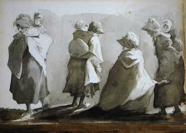 Mulheres Camponesas e Crianças (caneta e tinta lavada sobre papel) de John Harden