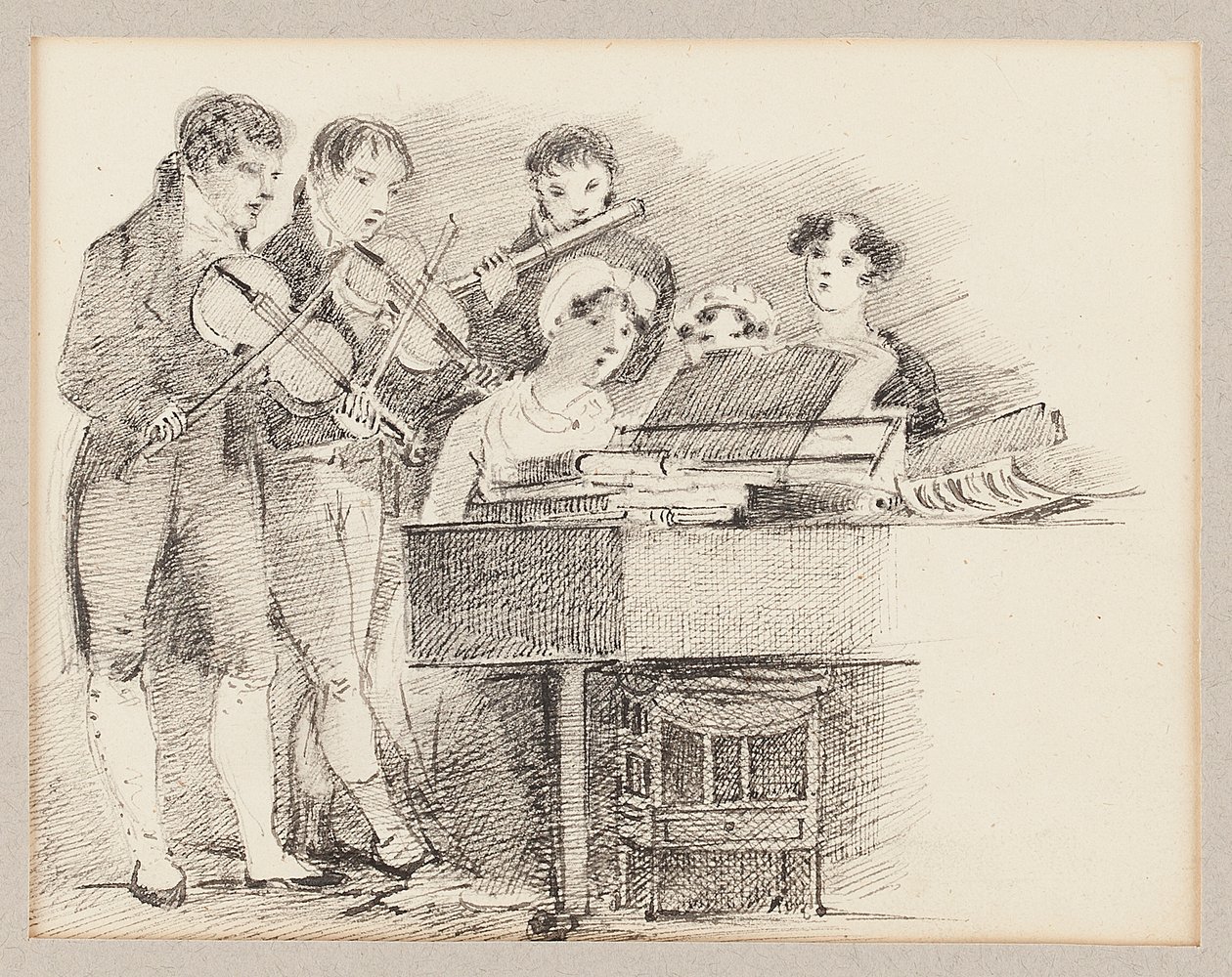 Pianista acompanhada de violinistas e flautista de John Harden