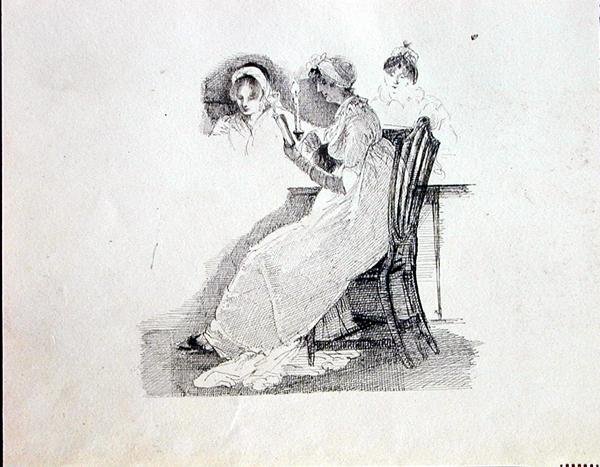 Leitura à luz de velas (caneta e tinta sobre papel) de John Harden