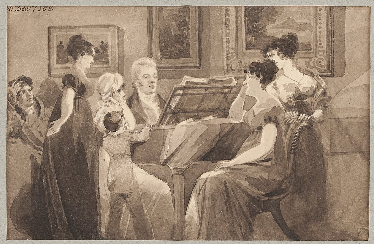 Cantando em torno de um piano, 1806 (wc no papel) de John Harden