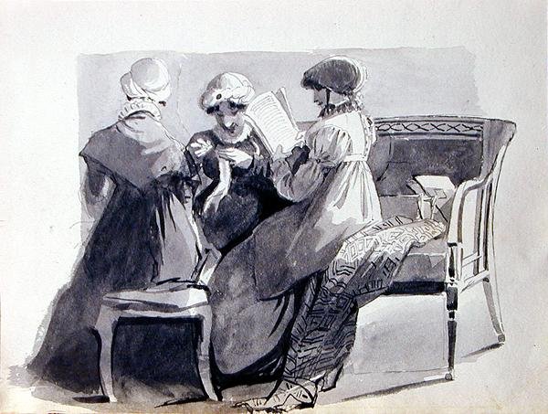Three Women on a Sofa (caneta e lavagem de tinta em papel) de John Harden