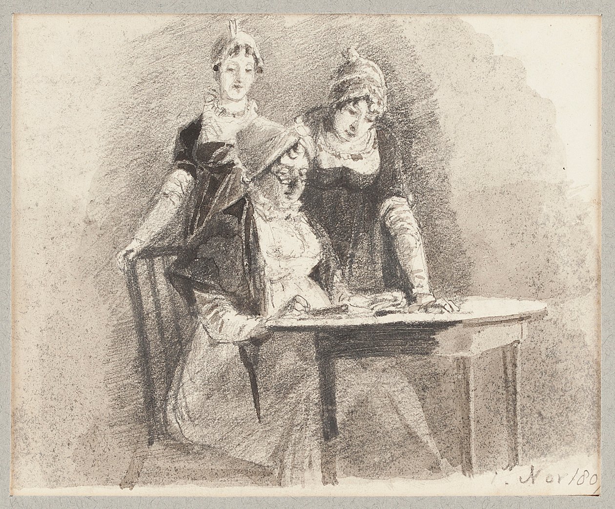 Três em uma mesa, uma sentada, 1807 (lápis e papel) de John Harden