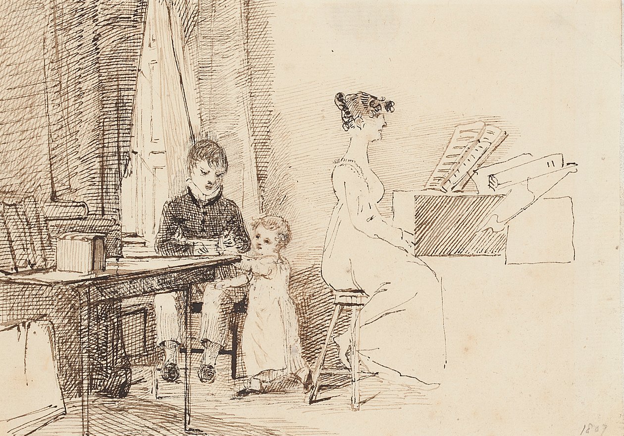 Dois filhos e uma mulher ao piano, 1807 de John Harden