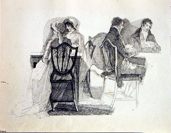 Dois grupos em um interior (tinta sobre papel) de John Harden