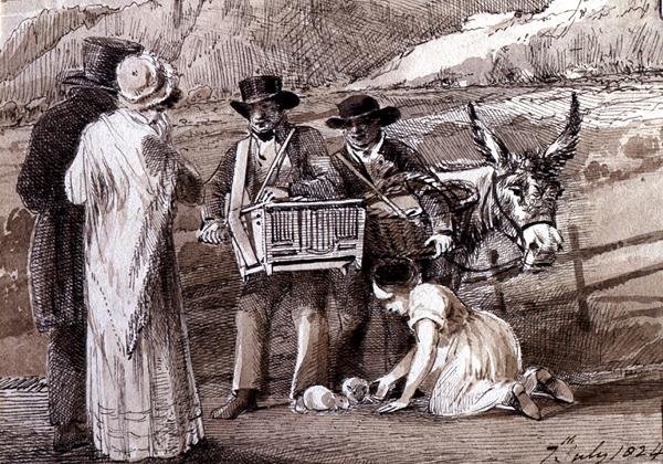 Dois homens a vender cobaias, um com um triturador de órgãos. de John Harden