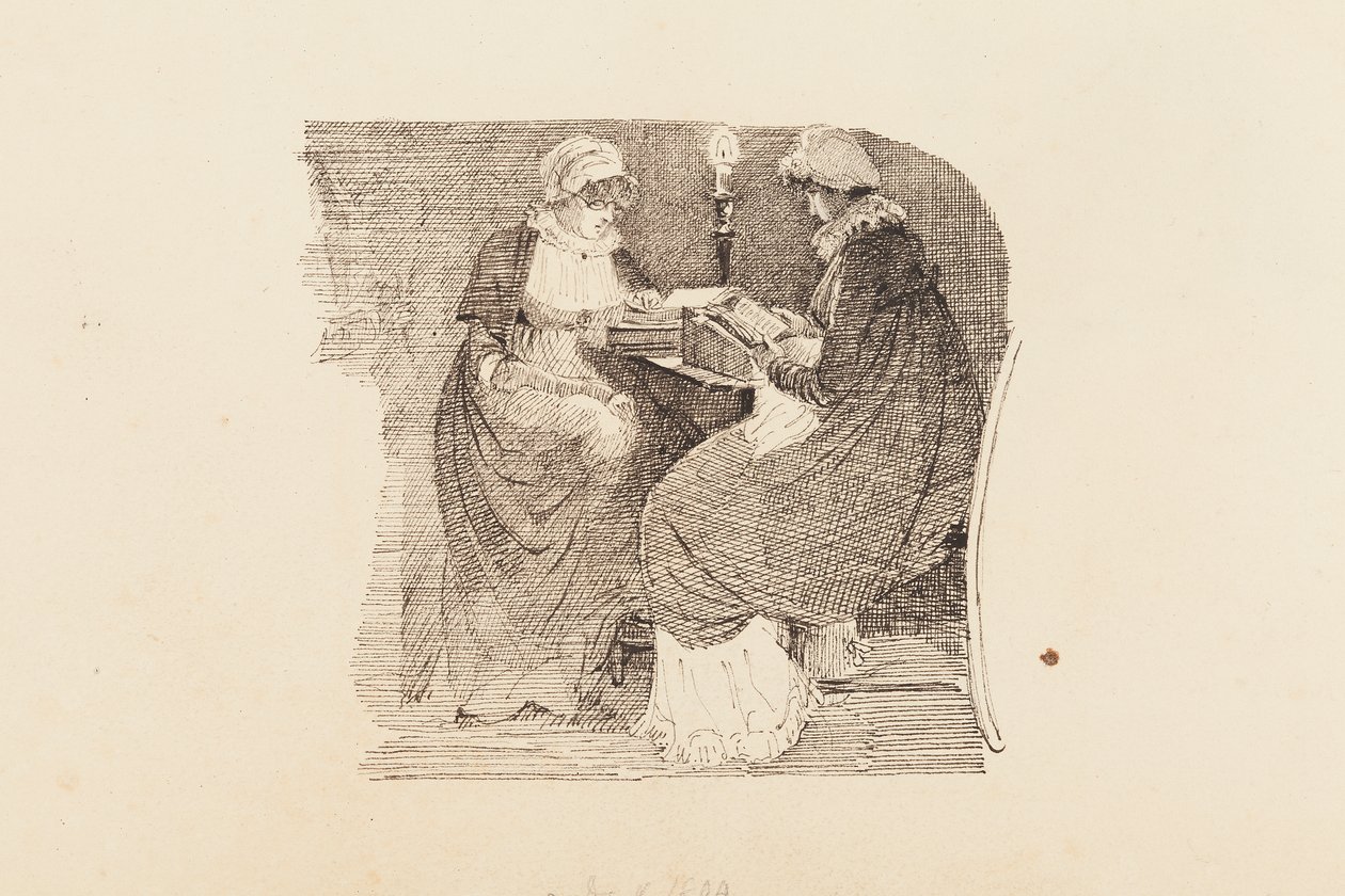 Duas mulheres, leitura, por, lamplight, 1804, (caneta, e, tinta, papel) de John Harden